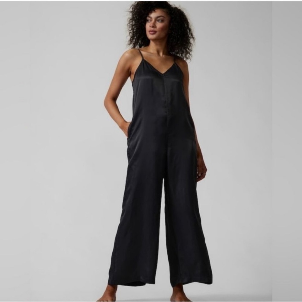 Athleta Black Satin Wide Leg Calm Cool Romper/Jumpsuit